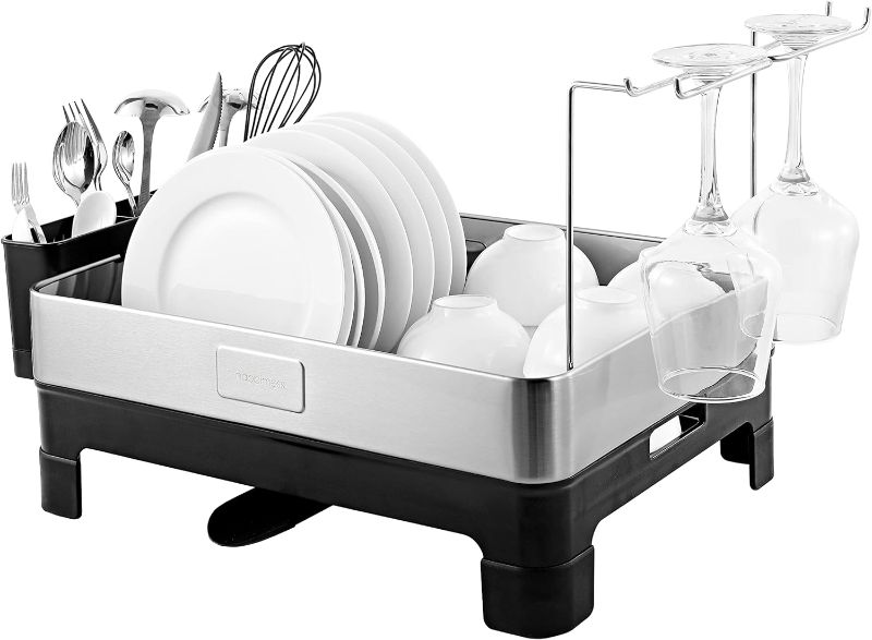 Photo 1 of happimess Simple 20.5' Fingerprint-Proof Stainless Steel Dish Drying Rack, Dish Rack with Swivel Spout Tray and Wine Glass Holder, Utensil Holder, Stainless Steel/White, Silver/Black