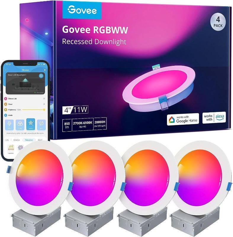 Photo 1 of Govee Smart Recessed Lighting 4 Inch, Wi-Fi Bluetooth Direct Connect RGBWW LED Downlight, 65 Scene Mode, Work with Alexa & Google Assistant, LED Recessed Lighting with Junction Box, 850 Lumen, 4 Pack