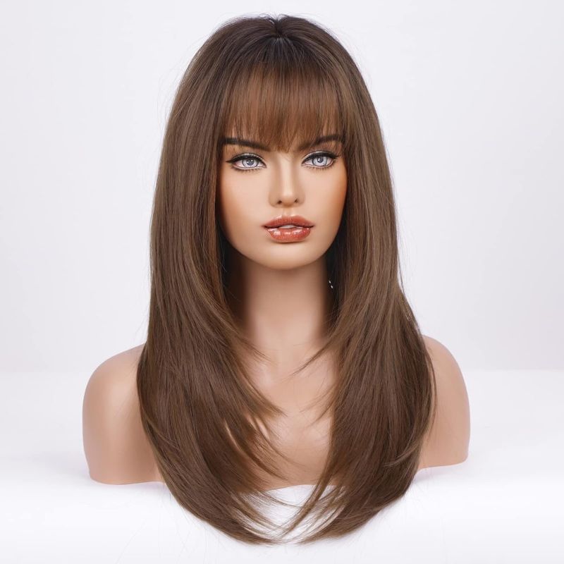 Photo 1 of HAIRCUBE Dark Brown Synthetic Women's Wig Layered Wigs with Bangs Middle length Straight and Heat Resistant