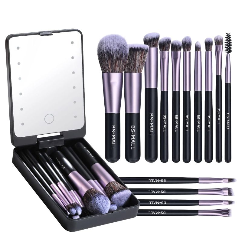 Photo 1 of BS-MALL Travel Makeup Brush Set Foundation Powder Concealers Eye Shadows Makeup Set with LED light Mirror 14 Pcs (Purple)