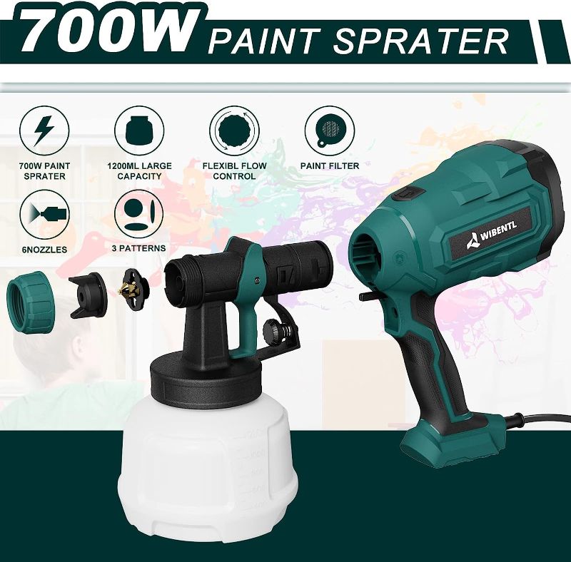 Photo 2 of WIBENTL Paint Sprayer, 700W HVLP Electric Paint Gun, with 6 Copper Nozzles & 3 Patterns for Home Interior and Exterior, Furniture, Fence, Walls, DIY Works, Ceiling WSG10A