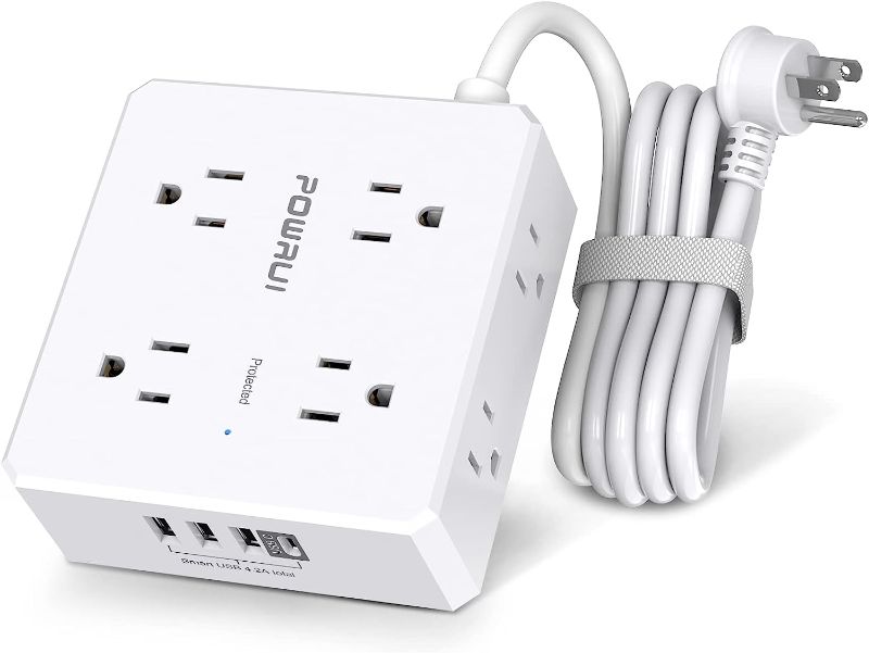 Photo 1 of Surge Protector Power Strip - 6 Ft Flat Plug Extension Cord with 8 Widely Outlets and 4 USB Ports(1 USB C), 3 Side Outlet Extender for Home Office, White, ETL Listed