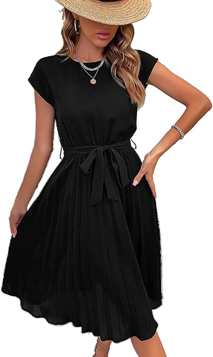 Photo 1 of MIHOLL   XL, Women's Swing Midi Dresses Cap Sleeve Summer Pleated Dress Formal Crewneck Elegant Dress with Belt