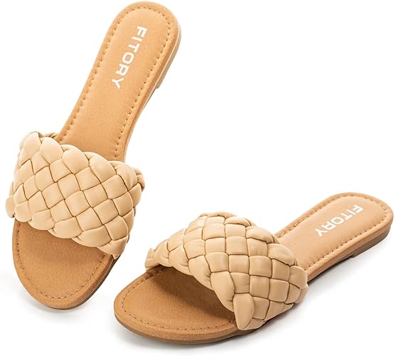 Photo 1 of FITORY Womens Flat Sandals Fashion Round Open Toe Slip On Slides with Braided Strap Slippers for Summer Size 9