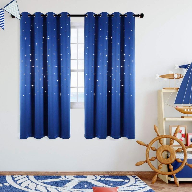 Photo 1 of 1 Curtain, Cutout Stars Romantic Starry Sky Space Theme Printed Windows Curtains 63 inches Length Kids Bedroom Living Room Drapes Royal Blue,52 x 63 inch