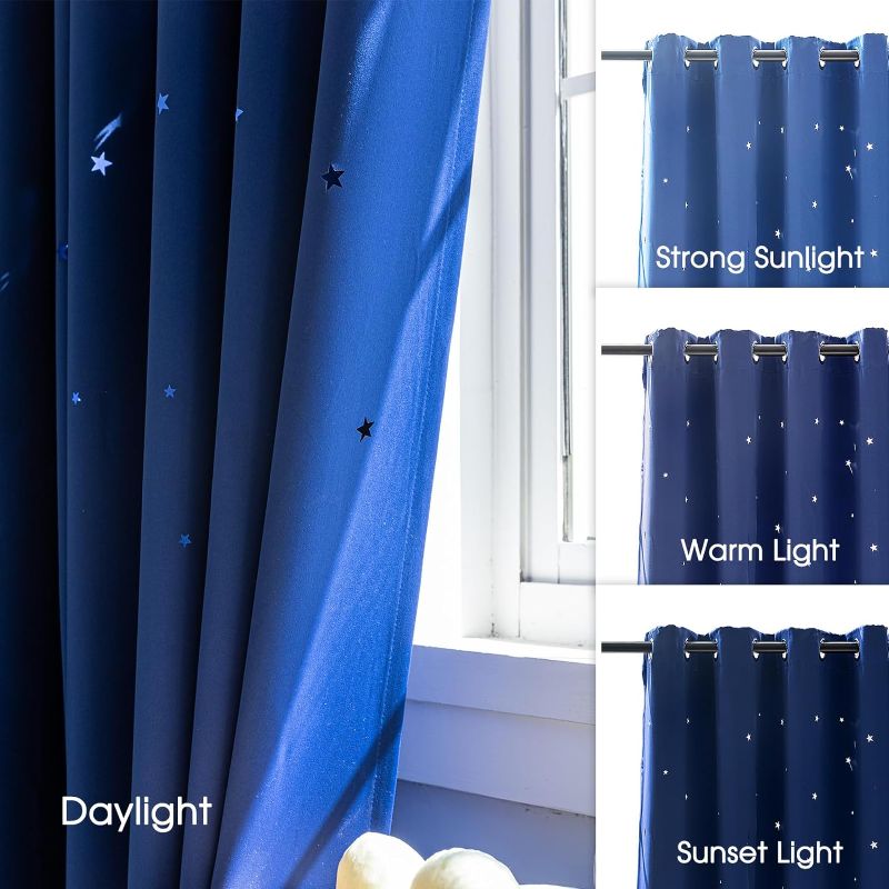 Photo 2 of 1 Curtain, Cutout Stars Romantic Starry Sky Space Theme Printed Windows Curtains 63 inches Length Kids Bedroom Living Room Drapes Royal Blue,52 x 63 inch