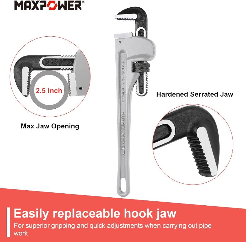 Photo 2 of MAXPOWER 18-inch Pipe Wrench, Heavy Duty Aluminum Plumbing Wrench