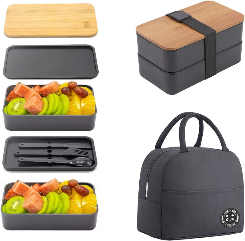 Photo 1 of Collect Beauty Bento Box Adult Lunch Box with lunch bag, Japanese Stackable Lunch Box Containers for Adult, Bento lunch Box with Dividers Black