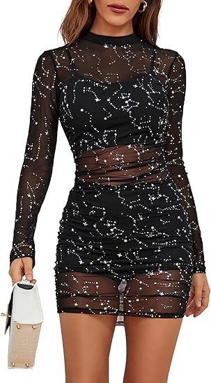 Photo 2 of Women's Mesh Dress Long Sleeve Bodycon 3 Piece Outfits with Cami Shorts M