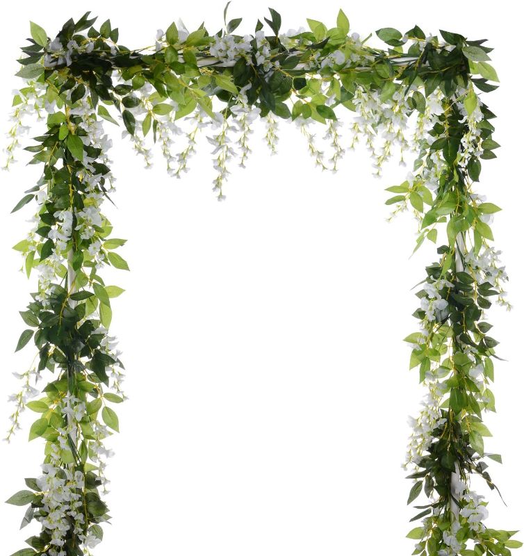 Photo 1 of 4Pcs 6.6Ft/Piece Artificial Flowers Silk Wisteria Garland-Dearhouse Artificial Wisteria Vine Rattan Silk Hanging Flower for Home Garden Outdoor Ceremony Wedding Arch Floral Decor (White)
