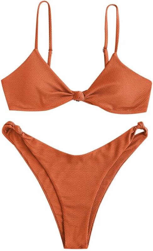 Photo 1 of ZAFUL Women's Tie Knot Front Spaghetti Strap High Cut Bikini Set Swimsuit SMALL
