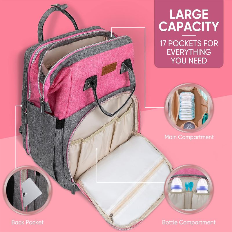 Photo 2 of Aribaggi Mum and Baby Girl Backpack - Extra Large Diaper Bag Backpack, Waterproof Baby Backpack Diaper Bag 3 in 1 Baby Diaper Bag Backpack with Changing Station, Pink/Grey Diaper Bag Backpack for Girl