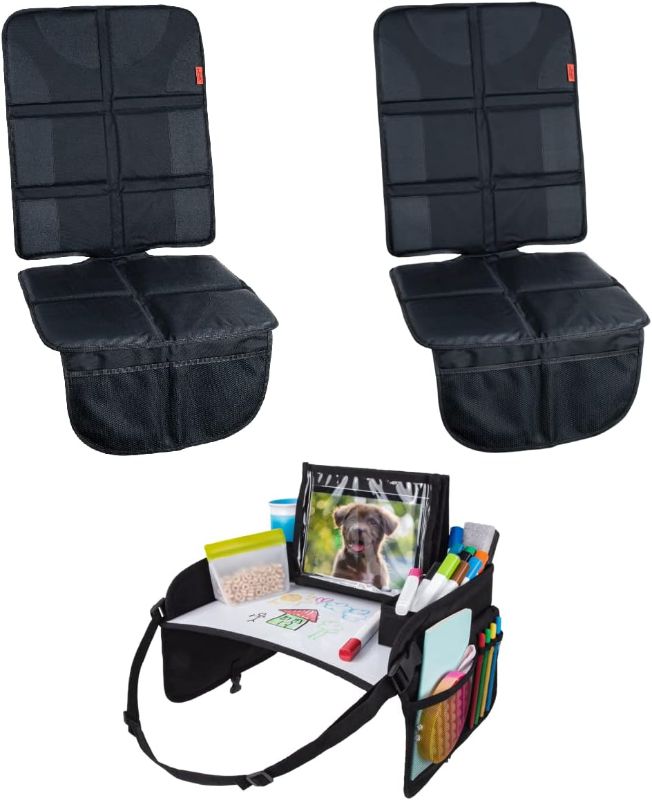 Photo 1 of Lusso Gear Kids Travel Tray with Dry Erase Board (Black) + 2 Pack of Car Seat Protectors (Black), Road Trip Essentials Kids, No-Drop Tablet Holder, Lap Desk, Cup Holder, Toddler