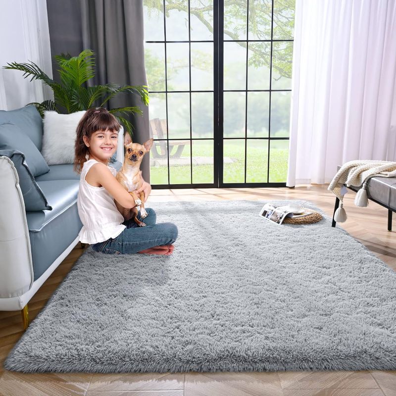 Photo 1 of Rugs for Living Room, Super Soft Fluffy Fuzzy Bedroom, Grey Furry Shag 4x5.9, Plush Carpet Home Decor Girls Kids Dorm, Accent Indoor Non-Slip Cute Baby Nursery.