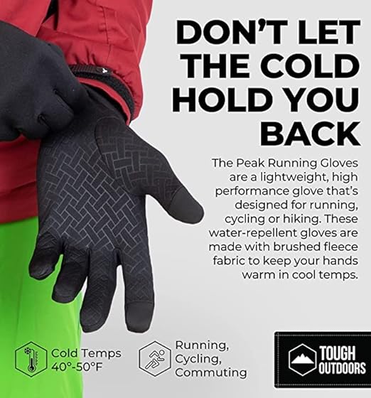 Photo 2 of Tough Outdoors Running Gloves with Touch Screen - Winter Glove Liners for Texting, Cycling - Thin & Lightweight Cold Weather Thermal Gloves