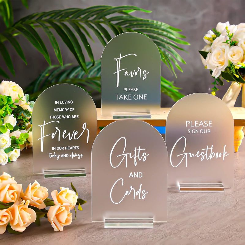 Photo 1 of 4 Pcs Acrylic Wedding Reception Signs with Wood Stand Clear Gifts and Cards Sign Holder Please Our Guestbook 5 x 7 Inch Rustic Calligraphy for Ceremony (Arch)