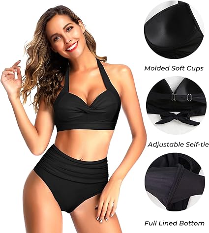 Photo 2 of  Women Two Piece Vintage Swimsuit Retro Halter Ruched High Waist Bikini with Bottom
