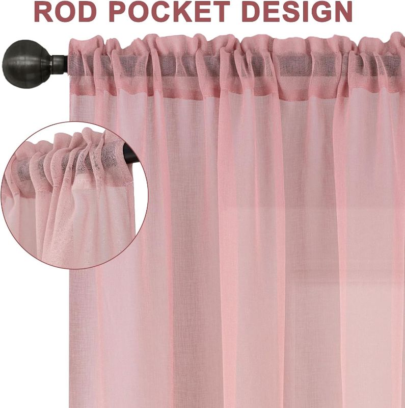 Photo 2 of Pink Sheer Curtains 96 Inches Long, Linen Textured Bedroom Curtains Sheer Light Filtering Rod Pocket Voile Curtain for Living Room(52x95 inch, Blush, 2 Panels)