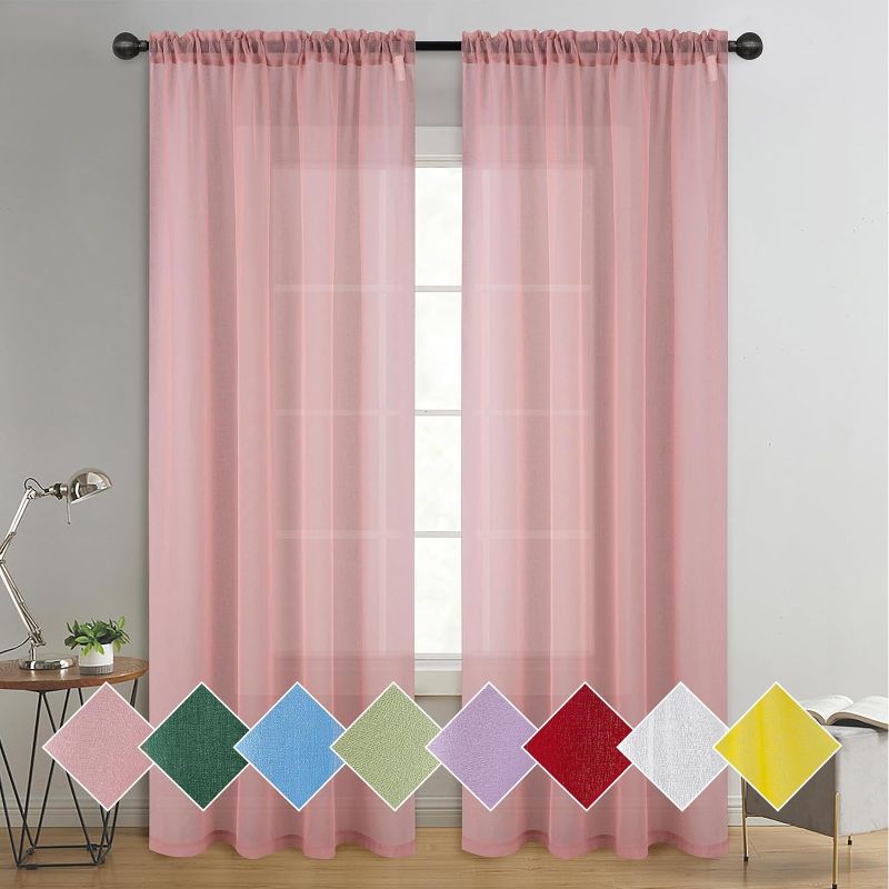 Photo 1 of Pink Sheer Curtains 96 Inches Long, Linen Textured Bedroom Curtains Sheer Light Filtering Rod Pocket Voile Curtain for Living Room(52x95 inch, Blush, 2 Panels)