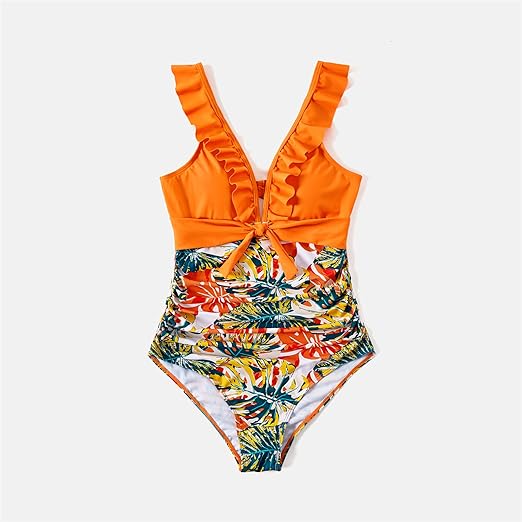 Photo 1 of PatPat Family Matching Orange and all over Tropical Plant print Splicing Ruffle ONE-PIECE  swimsuit XL