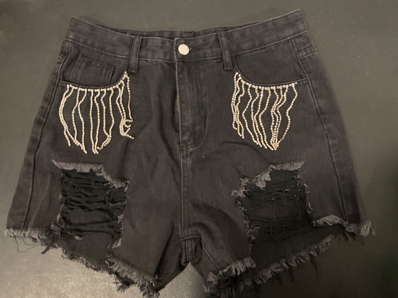 Photo 2 of Women's High Waisted Denim Shorts Distressed Raw Edge Stretch Denim Jean Shorts M