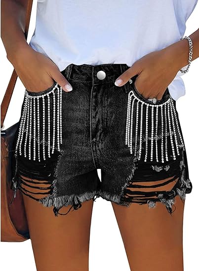 Photo 1 of Women's High Waisted Denim Shorts Distressed Raw Edge Stretch Denim Jean Shorts M