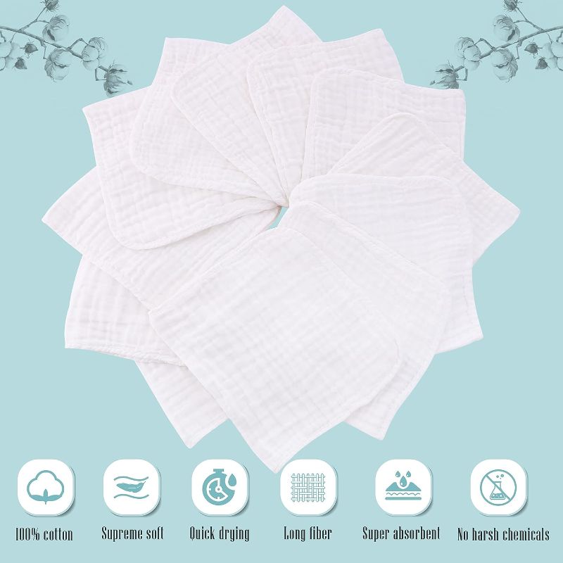 Photo 2 of Cute Castle 12 Pack Muslin Burp Cloths for Baby - Ultra-Soft 100% Cotton Baby Washcloths - Large 20'' by 10'' Super Absorbent Milk Spit Up Rags - Burpy Cloths for Unisex, Boy, Girl - White