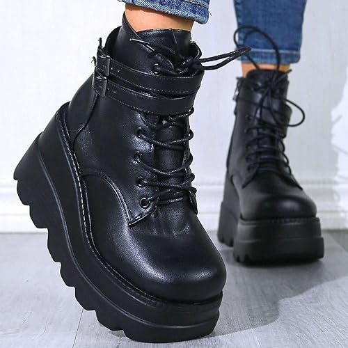 Photo 1 of Meefit Women Wedged Boots Goth Lace Up Combat Platform Ankle Boots High Heels Punk Boots size 6 