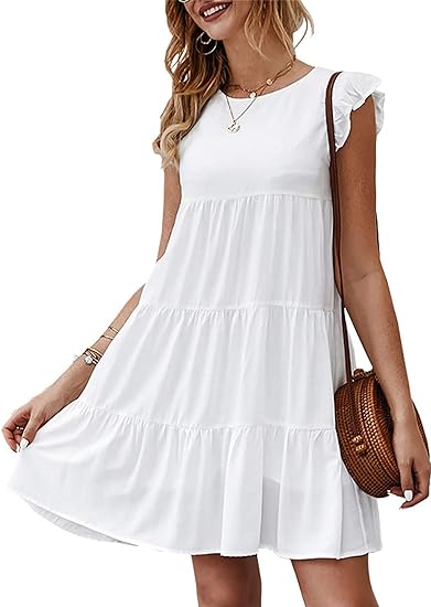 Photo 1 of KIRUNDO Women's Summer Dresses Sleeveless Ruffle Sleeve Round Neck Solid Loose Short Flowy Pleated Mini Babydoll Dress