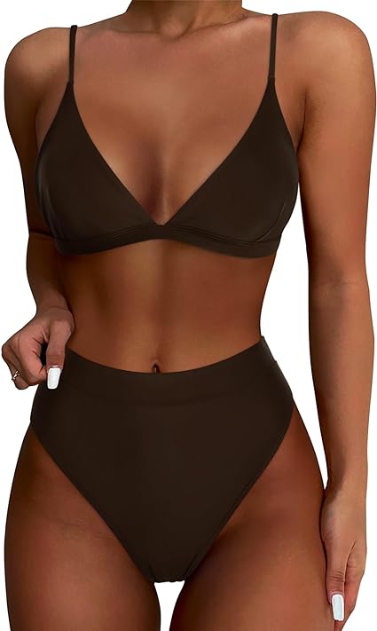 Photo 1 of Women High Waisted High Cut Bikini Set Sexy Triangle Two Piece Swimsuits (Brown)