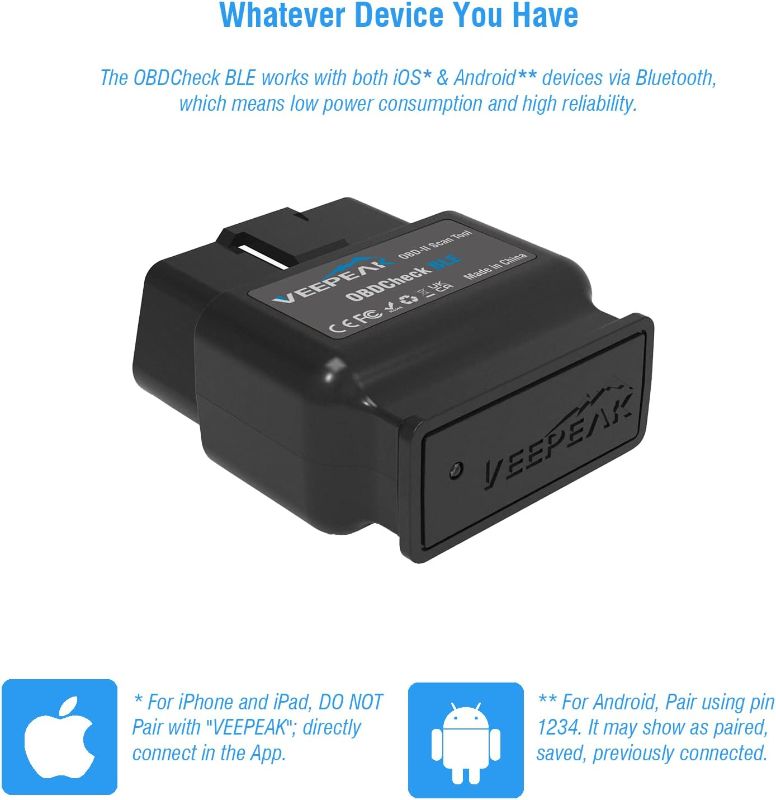 Photo 2 of Veepeak OBDCheck BLE Bluetooth OBD II Scanner Auto Diagnostic Scan Tool for iOS & Android, Bluetooth 4.0 Car Check Engine Light Code Reader