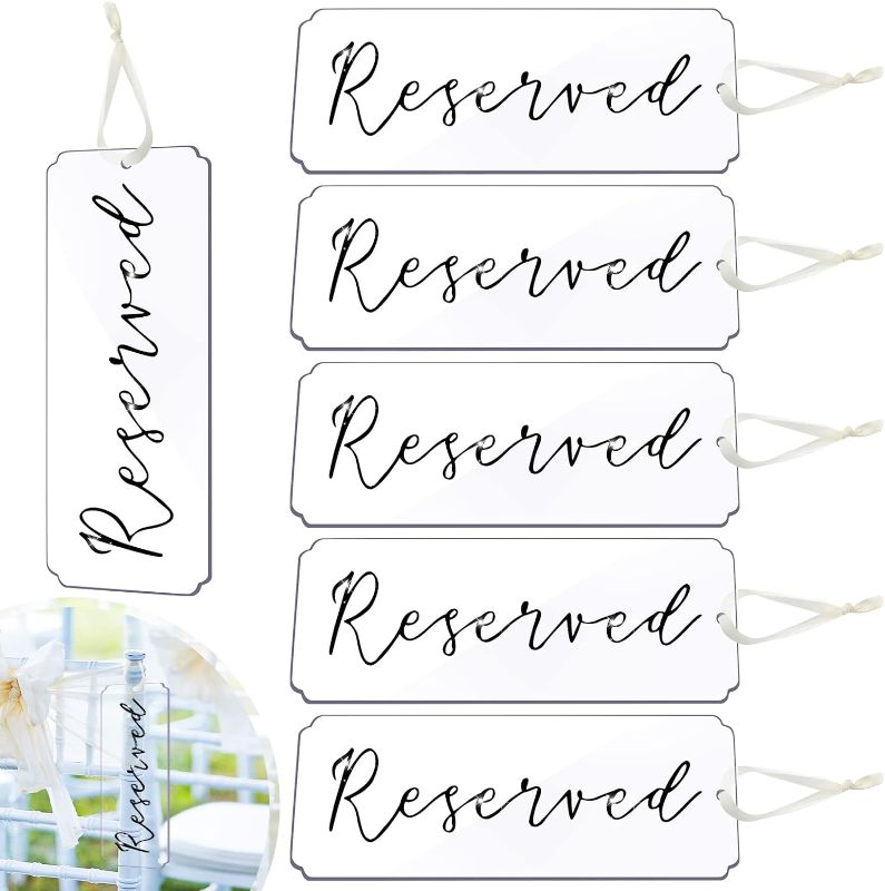 Photo 1 of 6 Pieces Reserved Signs for Wedding Chairs Acrylic Tag, Hanging with Ribbon for Wedding Important Events Church Pews Chair and Restaurant (Black Lettering)