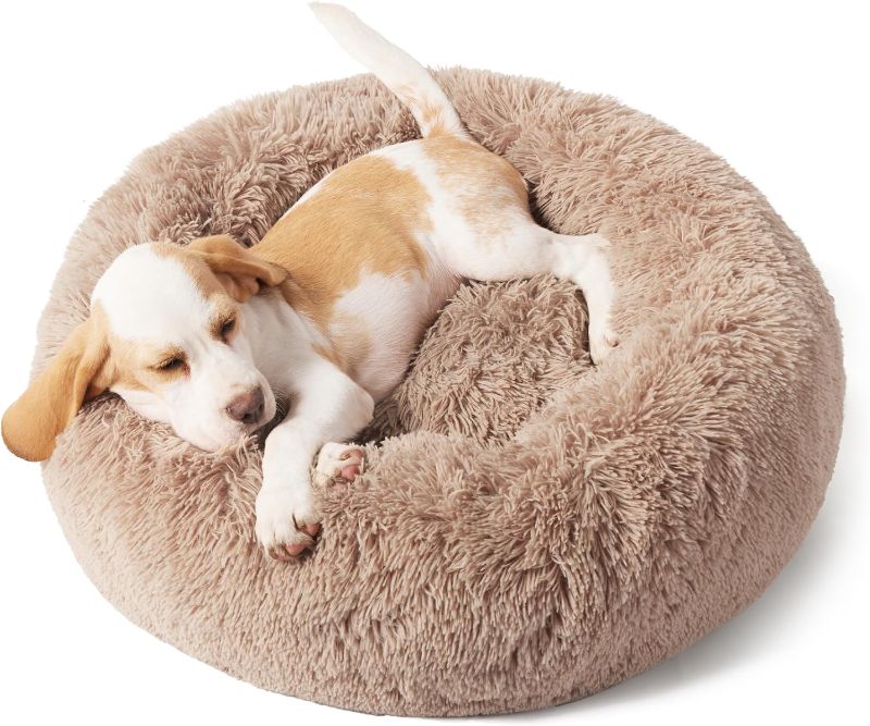 Photo 1 of Calming Dog Bed for Small Dogs - Donut Washable Small Pet Bed, 23 inches Anti-Slip Round Fluffy Plush Faux Fur Large Cat Bed, Fits up to 25 lbs Pets, Camel