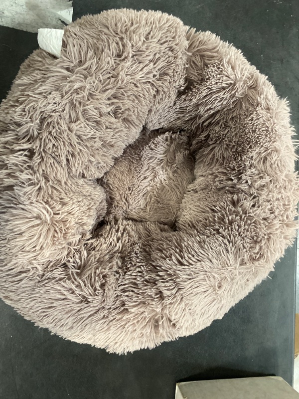 Photo 3 of Calming Dog Bed for Small Dogs - Donut Washable Small Pet Bed, 23 inches Anti-Slip Round Fluffy Plush Faux Fur Large Cat Bed, Fits up to 25 lbs Pets, Camel