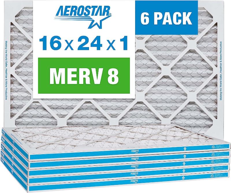 Photo 1 of Aerostar 16x24x1 MERV 8 Pleated Air Filter, AC Furnace Air Filter, 6 Pack (Actual Size: 15 3/4"x 23 3/4" x 3/4")