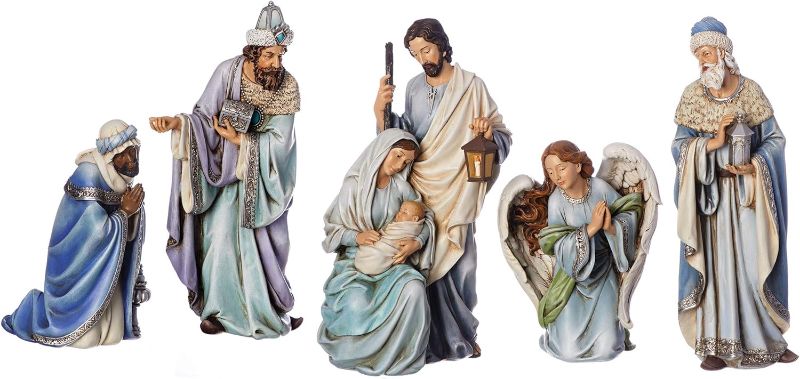 Photo 1 of Joseph's Studio by Roman - 5-Piece Nativity Set, Includes Holy Family, Three Kings and Angel, 15" H, Blue and Silver, Resin and Stone, Decorative, Collection, Durable, Long Lasting