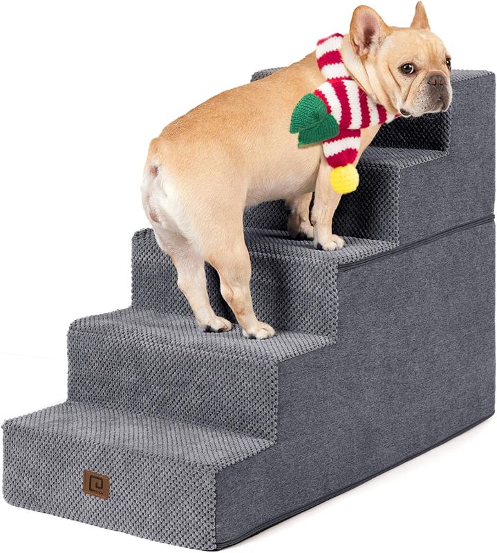 Photo 1 of EHEYCIGA Dog Stairs for Small Dogs, 5-Step Dog Stairs for High Beds and Couch, Folding Pet Steps for Small Dogs and Cats, and High Bed Climbing, Non-Slip Balanced Dog Indoor Step, Grey, 3/4/5 Steps