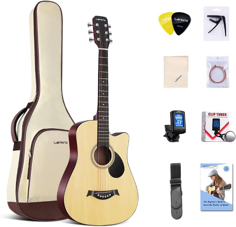 Photo 1 of Lankro 38 in Guitar Acoustic Guitar Beginner kit Adult Cutaway Acoustic Guitar Guitarras Starter Set Bundle with Padded Gig Bag, Strap, Capo, Strings, Picks, Tuner