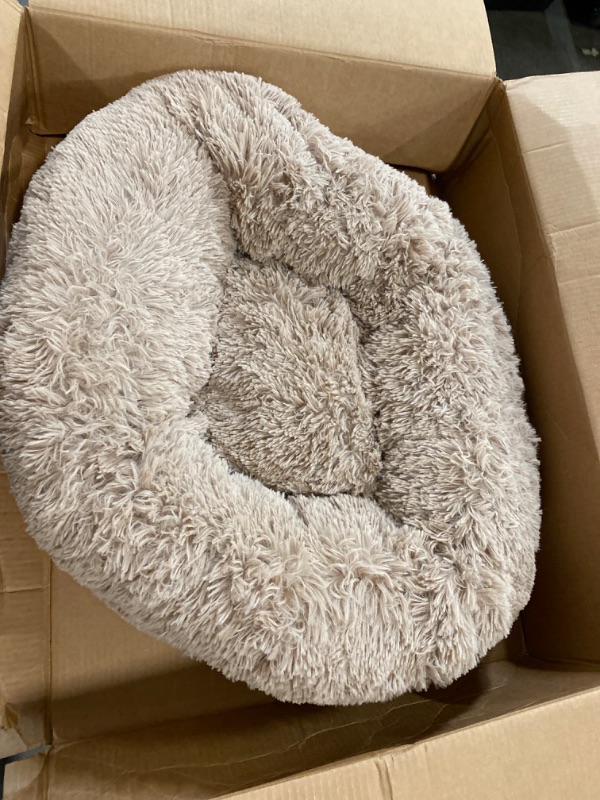 Photo 2 of 30" Round Calming Donut Dog Bed for Medium/Small Dogs, Refillable w/ Removable Washable Cover, For Dogs Up to 45 lbs - Shaggy Plush Long Faux Fur Donut Bed - Taupe, Medium