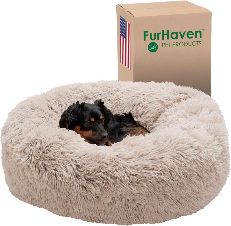 Photo 1 of 30" Round Calming Donut Dog Bed for Medium/Small Dogs, Refillable w/ Removable Washable Cover, For Dogs Up to 45 lbs - Shaggy Plush Long Faux Fur Donut Bed - Taupe, Medium