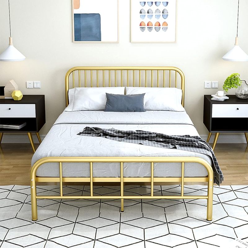 Photo 1 of IOTXY Full Metal Bed Frame - Gold 12 Inches Complete Bed Platform with Linear Tall Headboard and Shorted Footboard, Full-Size Mattress Base Foundation, Contemporary Style
