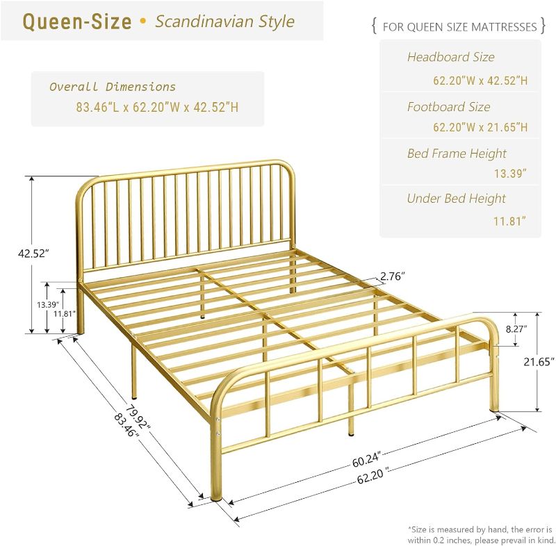 Photo 2 of IOTXY Full Metal Bed Frame - Gold 12 Inches Complete Bed Platform with Linear Tall Headboard and Shorted Footboard, Full-Size Mattress Base Foundation, Contemporary Style
