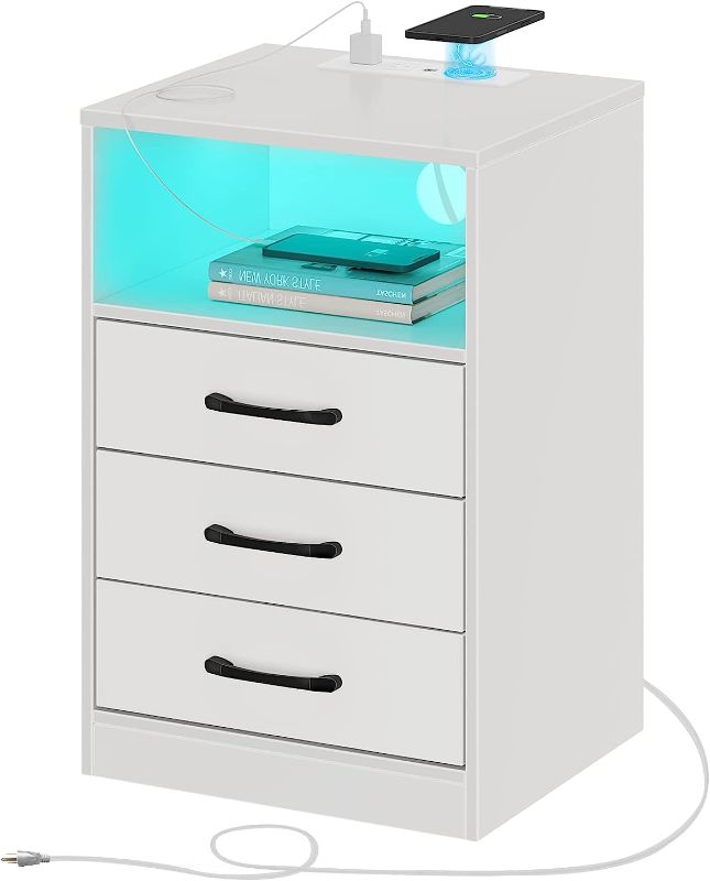 Photo 1 of Seventable Nightstand with Wireless Charging Station and LED Lights, Modern End Side Table with 3 Drawers and Open Compartment for Bedroom, White