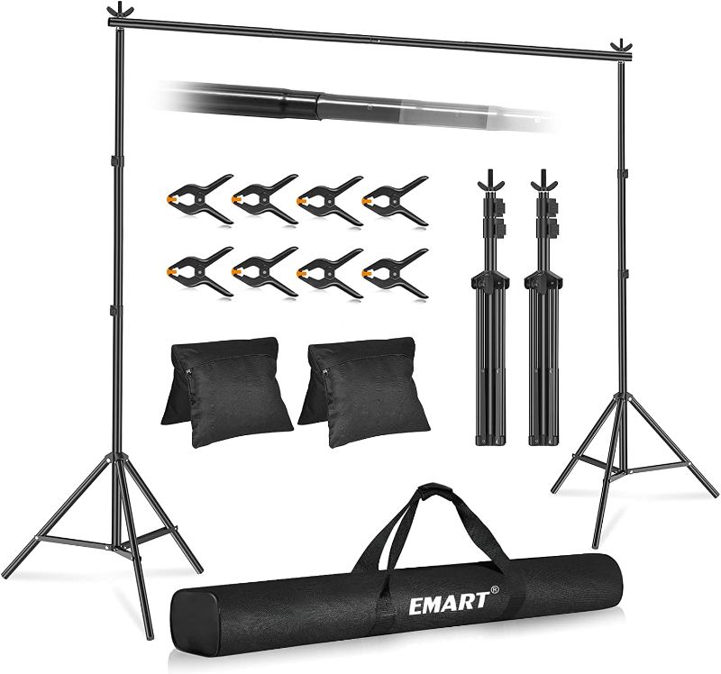 Photo 1 of Emart Backdrop Stand 10x7ft(WxH) Photo Studio Adjustable Background Stand Support Kit with 2 Crossbars, 8 Backdrop Clamps, 2 Sandbags and Carrying Bag for Parties New Year Events Decoration
