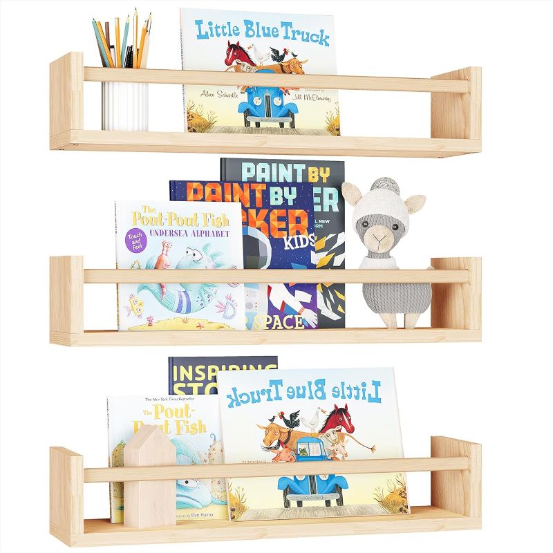 Photo 1 of Fixwal Nursery Book Wall Shelves, 16.5 Inch Floating Bookshelves for Wall Set of 3, Baby Nursery Decor, Solid Wood Wall Mounted Shelves for Books, Toys and Decor Storage (Natural Wood)