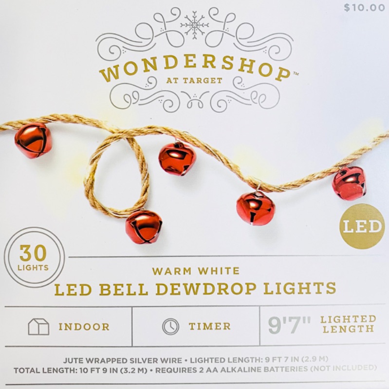 Photo 1 of WONDERSHOP 30ct Led Battery Operated Red Bell Dewdrop Christmas LED bell dewdrop lights 9'7" indoor 
