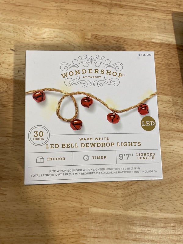 Photo 2 of WONDERSHOP 30ct Led Battery Operated Red Bell Dewdrop Christmas LED bell dewdrop lights 9'7" indoor 