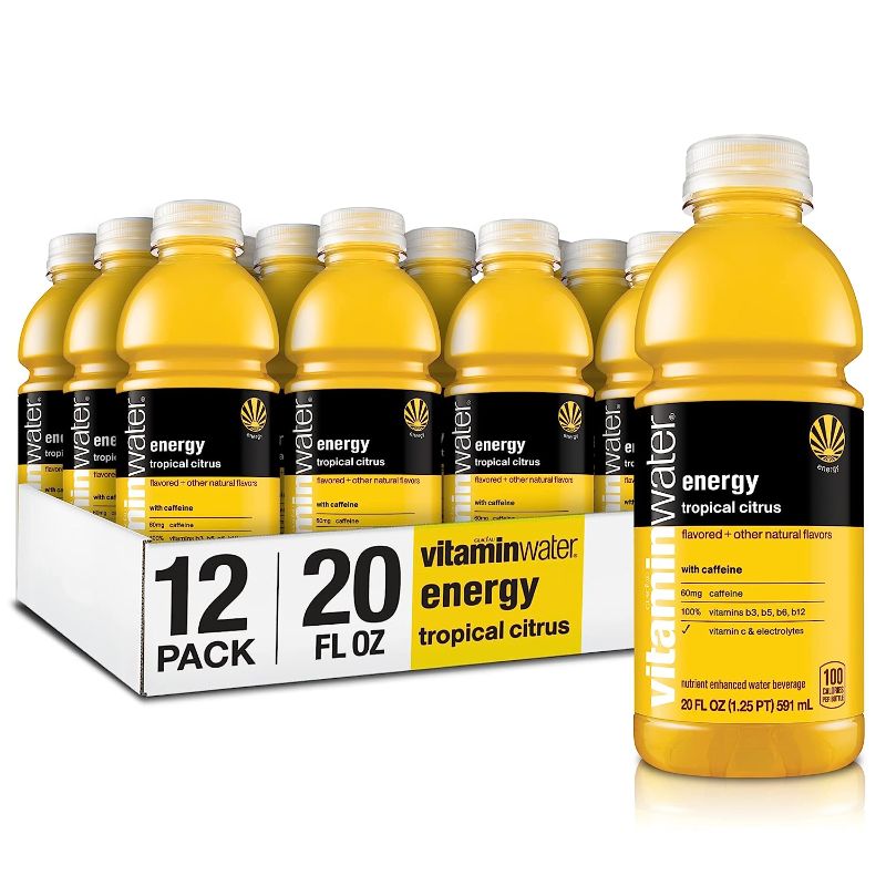 Photo 1 of vitaminwater energy electrolyte enhanced water w/ vitamins, tropical citrus drinks, 20 Fl Oz (Pack of 12)