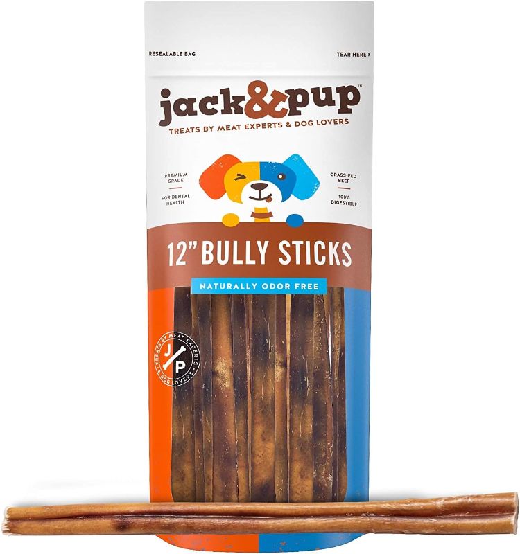 Photo 1 of Jack&Pup Thick Bully Sticks 12 Inch Premium Dog Bully Sticks for Large Dogs Aggressive Chewers - All Natural Bully Sticks Odor Free 12" Large Bully Sticks, Long Lasting Dog Chews Bully Stick (5 Pack)