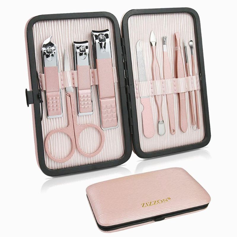 Photo 1 of ZIZZON Travel Mini Manicure Set Nail Clipper Set 10 in 1 Stainless Steel Pedicure Care Grooming kit with Case Pink